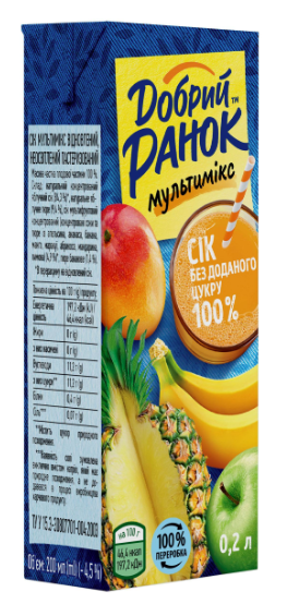 Сік мультимікс ТМ Добрий Ранок відновлений, неосвітлений, без доданого цукру 0,2л